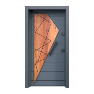 Contemporary anthracite interior door from the "Cosmos" Series, featuring a geometric wooden inlay in a dynamic diagonal arrangement, creating a bold statement piece for modern homes.