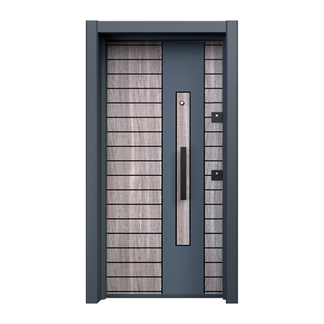 Stylish anthracite exterior door from the Cosmos series, adorned with a unique geometric wooden inlay, blending modern design with natural elements.