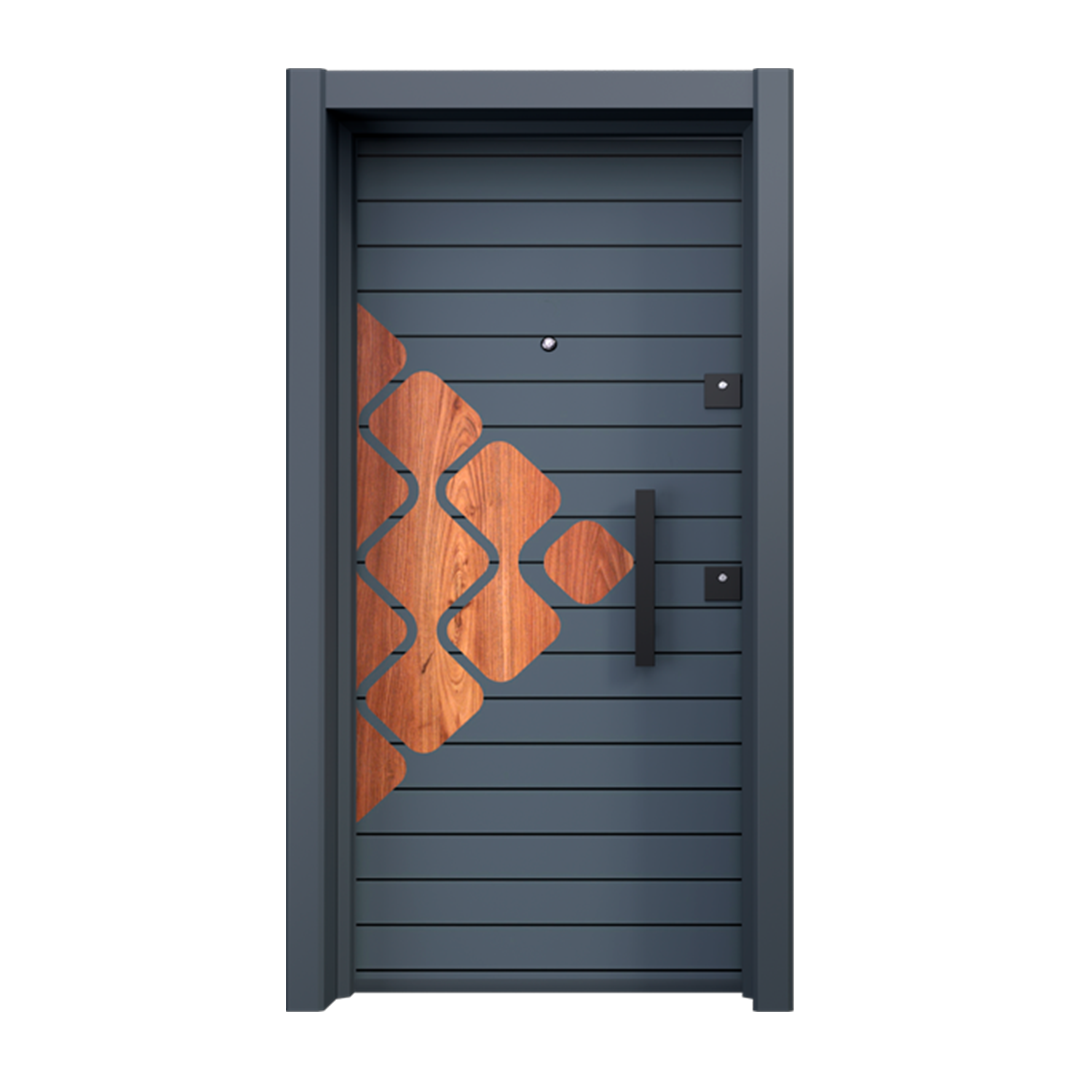 Elegant black interior door from the "Lotus" Collection, showcasing a unique cut-out design with rich wooden accents, melding modern style with traditional elegance.