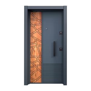 Contemporary anthracite interior door from the "Cosmos" Series, featuring a geometric wooden inlay in a dynamic diagonal arrangement, creating a bold statement piece for modern homes.