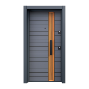 "Anthracite-colored Cosmos exterior door featuring asymmetrical wooden panel design, showcasing a blend of modern security and natural aesthetics."