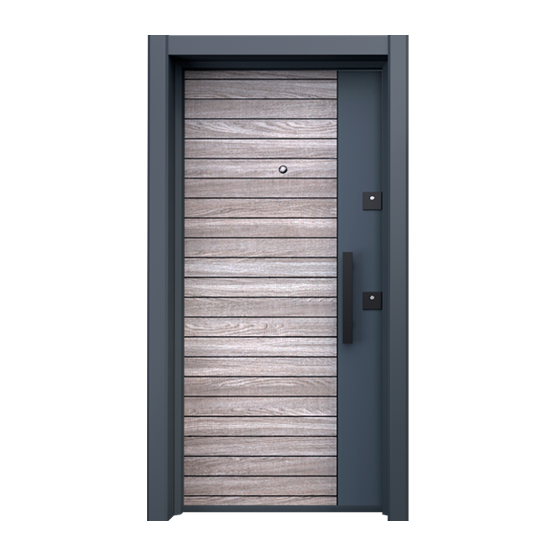 "Anthracite-colored Cosmos exterior door featuring asymmetrical wooden panel design, showcasing a blend of modern security and natural aesthetics."