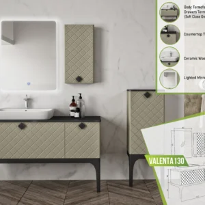 Valenta 130 luxury bathroom vanity with textured front panels and ceramic basin, complete with an LED mirror.