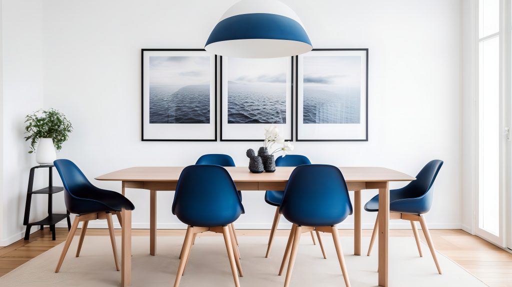 Modern dining room with blue chairs, wooden table, and ocean-themed wall art.