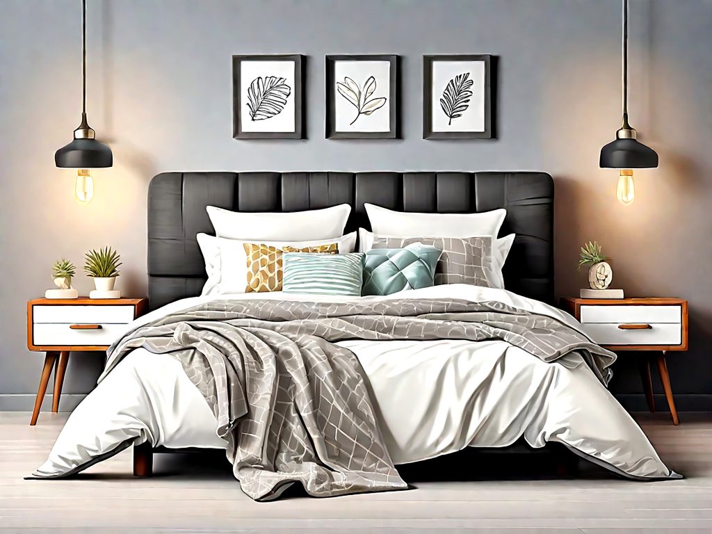 Modern bedroom featuring a black upholstered bed, mid-century nightstands, and contemporary wall art.